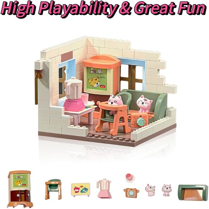 Koko's Cat Town DIY Miniature House Kit,Tiny House Living Room Building Kit,Purrfect Dollhouse with 255PCS,Cat Toys Gift for Teens Kids Ages 3+,Dollhouse for 3 and up
