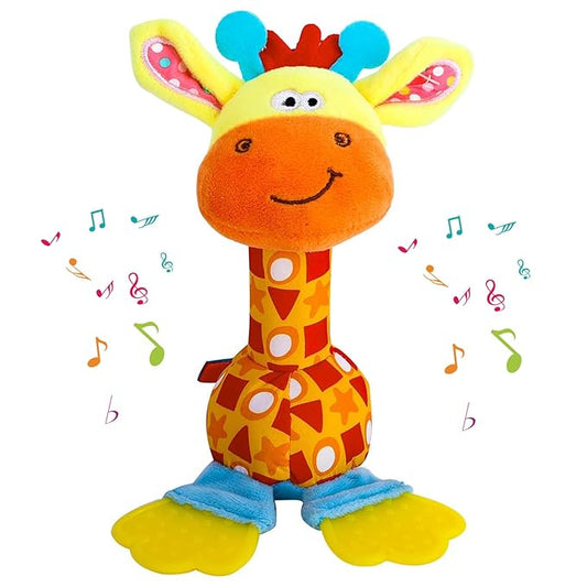 Baby Teether Rattle Toy - Soft Giraffe Plush with Crinkle Squeaky Sound, Sensory Shaker for Newborns 0-12 Months, Infant Learning and Travel Stroller Toy