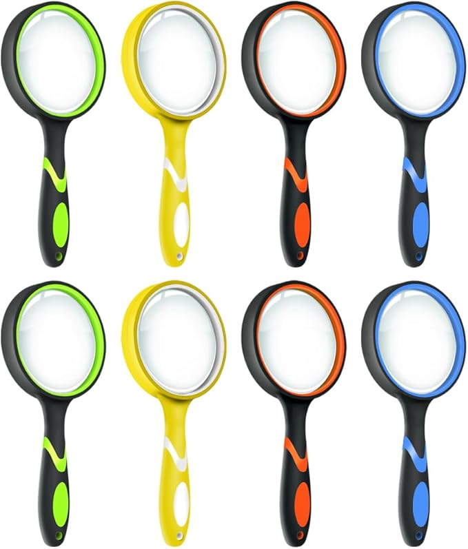 Leffis 8 Pack Magnifying Glass, 50mm 10X Glasses Lens Reading Magnifier for Kids and Seniors, Non-Slip Handheld Magnifying Glass for Close Work, Nature Exploration