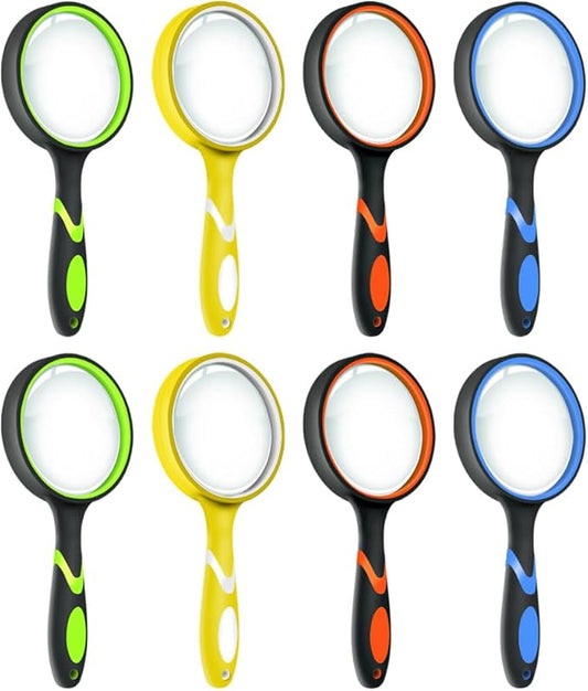Leffis 8 Pack Magnifying Glass, 50mm 10X Glasses Lens Reading Magnifier for Kids and Seniors, Non-Slip Handheld Magnifying Glass for Close Work, Nature Exploration