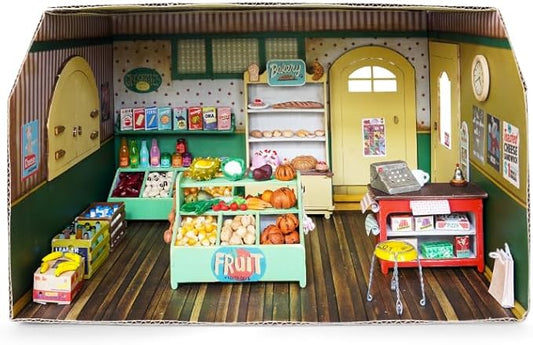 Shop Dollhouse Craft Kit – Easy to Build & Paint Miniature Store | Cardboard Room + 4 Wooden Pieces + Decoration Sheets | 1:12 Scale | Sam & Julia's Mouse Mansion