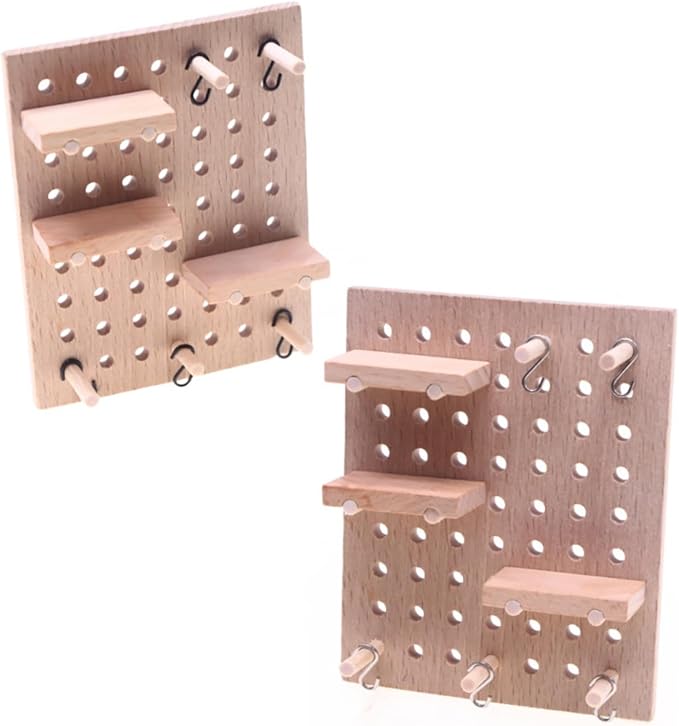 LOGOFUN 2pcs Solid Wood Miniature Wall Pegboard for Bjd Dollhouse Scene Storage Props and Decorations Accessories