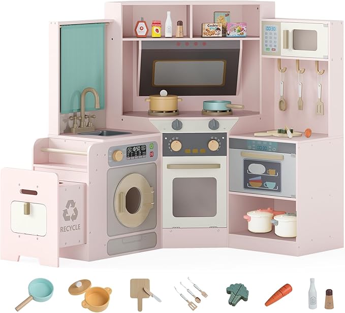Costzon Corner Play Kitchen, Large Pretend Play Kitchen w/Real Light & Sound, Pull-Out Trash Can, Stoves, Microwave, Oven, Washer, Little Chef Wooden Kitchen Playset for Kids 3+ Years Old (Pink)