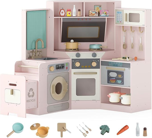 Costzon Corner Play Kitchen, Large Pretend Play Kitchen w/Real Light & Sound, Pull-Out Trash Can, Stoves, Microwave, Oven, Washer, Little Chef Wooden Kitchen Playset for Kids 3+ Years Old (Pink)