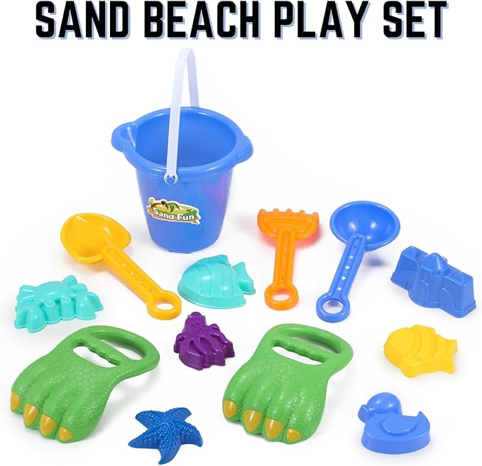 Liberty Imports 13 PCS Beach Sand Toys, Dinosaur Claw Hand Scoop Play Set with Bucket, Shovel Tools, Animal and Castle Sand Molds - Beach Sandbox Toys for Toddlers & Kids