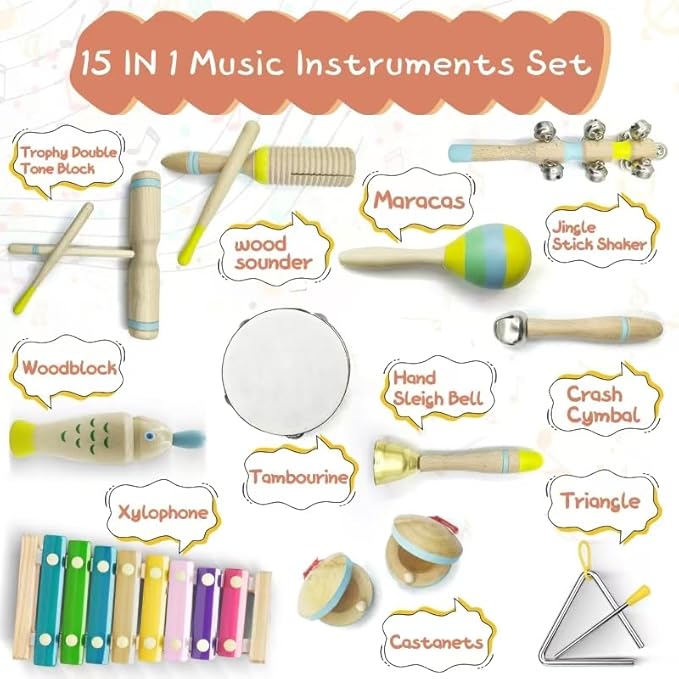 15Pcs Musical Toys for Toddlers 1-3, Baby Musical Instruments Set, Wooden Montessori Toys Percussion, Birthday Gifts for 1 2 3 Year Old Kids Boy Girls