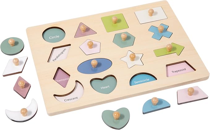 Montessori Toy for Babies 18-24 Months Wooden Shape Puzzles for Toddlers 1-3,Shape Peg Puzzles,Baby Puzzle 18-24 Months with Knob,Color & Shape Sorter for Toddlers(16 Geometric Shapes)