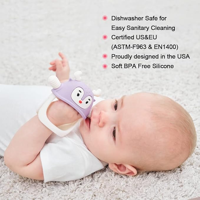 Smily Mia Never Drop Reindeer Silicone Baby Chewing Toy for 3M+ Infants, Easy to Hold Teething Miteen with Soft Textures for Sensory Exploration and Teething Pain Relief-Purple