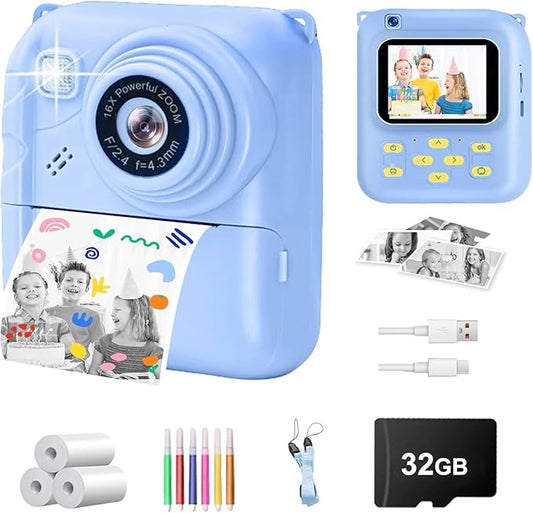 Instant Print Camera for Kids, 1080P Video Camera with 3 Print Rolls, 32GB Card & Cute Cover, Gift for Girls Boys Age 3-12, Toddler Digital Camera with Games, Filters, Music – Blue
