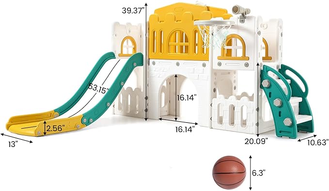 GAOMON 8 in 1 Toddler Slide Indoor Playground, Indoor Slide Toddler Playset for Toddlers 1-3, Kids Outdoor Playground with Slide, Basketball Hoop, Climber, Crawling Tunnel, Telescope, Toy Storage