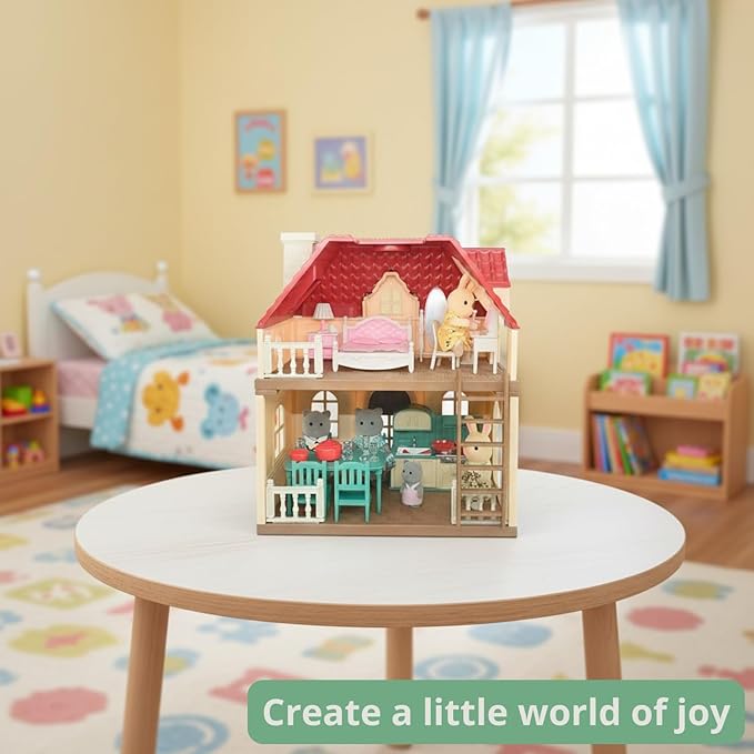 Family Cottage Doll House — 2-Story Country Cottage with Dining Set & Bunny Figure, Complete Dollhouse Playset for Creative Pretend Play, Gift for Kids Ages 3+