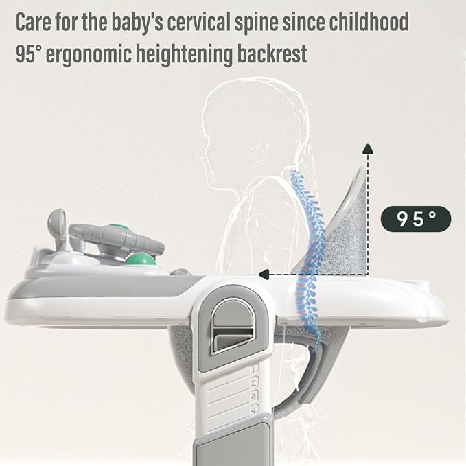 3-in-1 Foldable Baby Walker: Music Car-Themed Activity Center, Walker with Wheels, Walker and Bouncer Combo with Foot Mat, Anti-Tip and Sheds Design for Infant Boys & Girls 6-18 Months (Grey)