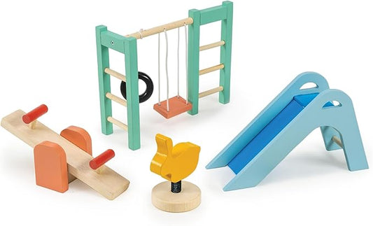 Mentari Toys - Playground Set - Wooden Playground Equipment for Doll House - Interactive Pieces for Small World Play - Encourages Fine Motor Skills and Imaginative Play in Boys and Girls - Age 3+