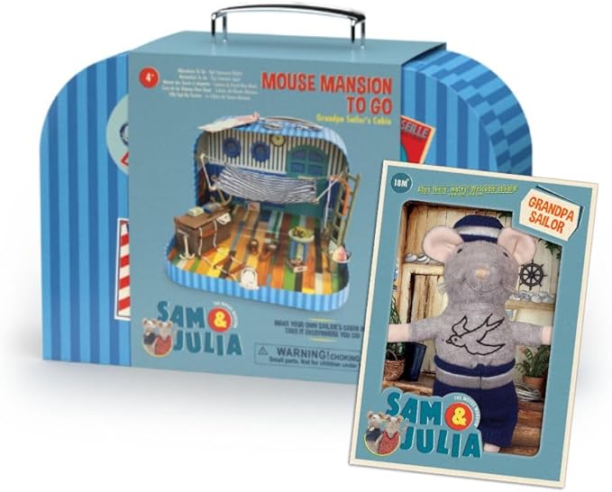 Sailor's Cabin to Go + Grandpa Plush 11cm – Easy DIY Dollhouse in Suitcase | Wooden Furniture, Nautical Decor & Decoration Sheets | 1:12 Scale | Sam & Julia's Mouse Mansion
