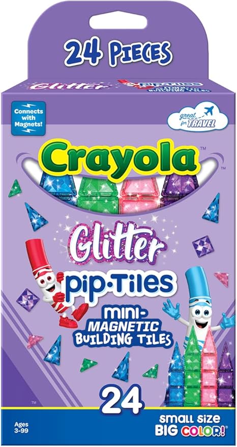 CreateOn Crayola Mini Magnetic PIP-Tiles, Building Set for Kids, Magnetic Building Toys for Kids, STEM Travel Toys for Boys and Girls Ages 3+, 24-Piece Set (Glitter)