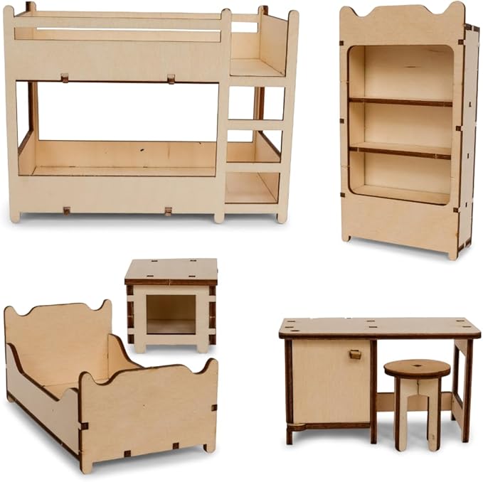 Kids' Bedroom Dollhouse Craft Kit – Easy to Build & Paint Miniature Room | Cardboard Room + 7 Wooden Pieces + Decoration Sheets | 1:12 Scale | Sam & Julia's Mouse Mansion