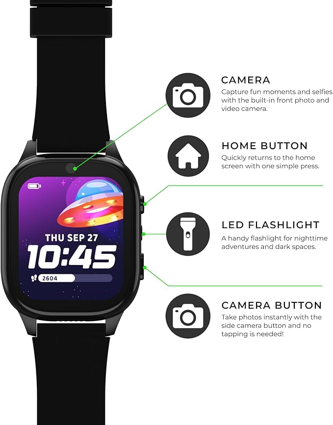 PlayZoom 4 Kids Smartwatch – 1.83” Color Touchscreen, 25+ Games, Selfie Camera, Audiobooks, Songs, Step Tracker, Parental Controls, Waterproof, for Ages 4-12 (Black)