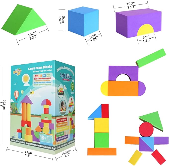 Suitable Size Foam Building Blocks for Toddlers 18M+, Big Soft Stacking Blocks Toys, Baby Bath Toys, Sensory & Early Development Toys for Kids 1.5 Years Up (Starter Kit)