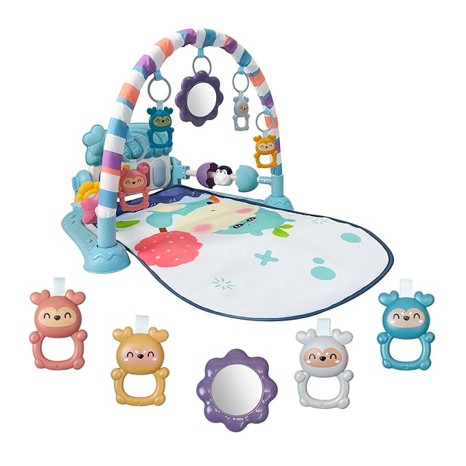 Baby Tummy Time Play Mat, Kick and Play Piano with Music and Light, Activity Gym Center for Newborn Babies Infants Boys Girls 0-3-6-9-12 Months (Blue)