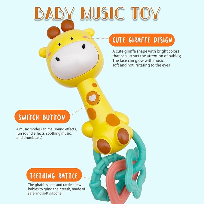 Bright Yellow Giraffe Baby Musical Rattle Toy - Light-Up Teether & Sensory Chew, BPA-Free Soft Rubber, Baby Shower & 1st Birthday Gift for 6-18 Months 1+ Year Old