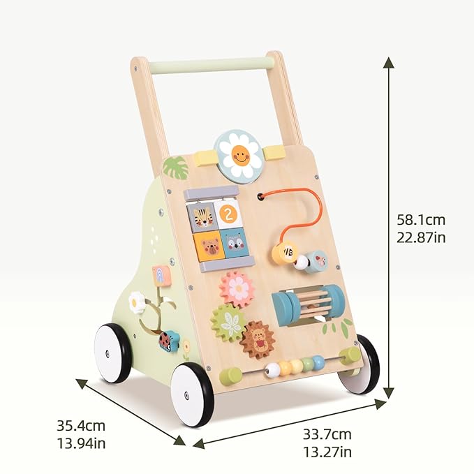 OOOK Wooden Baby Walker with Wheels, Montessori Baby Push Walker, Sit to Stand Walker for Baby Boy 6-12 Months, Toddler Standing Activity Center for Boys and Girls