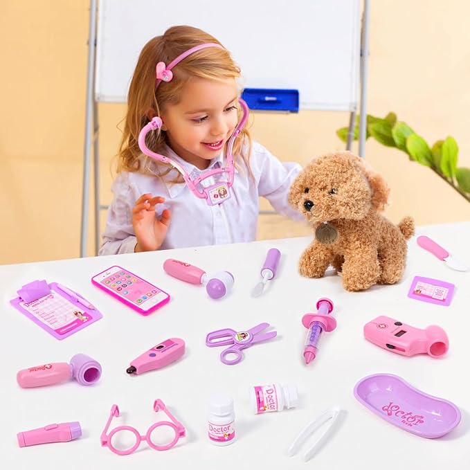 Meland Toy Doctor Kit for Girls, Pretend Play Toy Doctor Set with Dog , Carrying Bag, Stethoscope & Dress Up Costume Gift for Kids Toddlers Ages 3 4 5 6 Year Old for Role Play