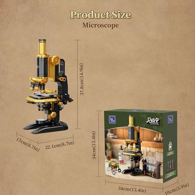 PANTASY Retro Microscope Building Kit for Adults, Antique Science Instrument Model with Mechanical Design, Brass Finish & Lab Accessories, Collectible Display Brick Set