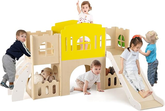 Costzon Wooden Toddler Slide, 7-in-1 Climber Playset with Slide, Basketball Hoop, Extra-Long Aisle, Peek-a-Boo Window, Crawling Tunnel & Storage Space, Indoor Outdoor Playground Slide for Kids