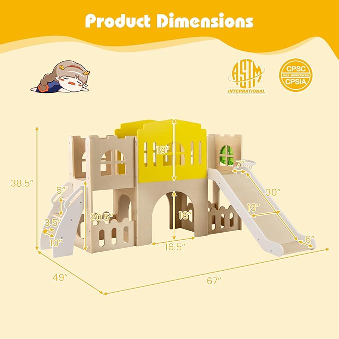 Costzon Wooden Toddler Slide, 7-in-1 Climber Playset with Slide, Basketball Hoop, Extra-Long Aisle, Peek-a-Boo Window, Crawling Tunnel & Storage Space, Indoor Outdoor Playground Slide for Kids