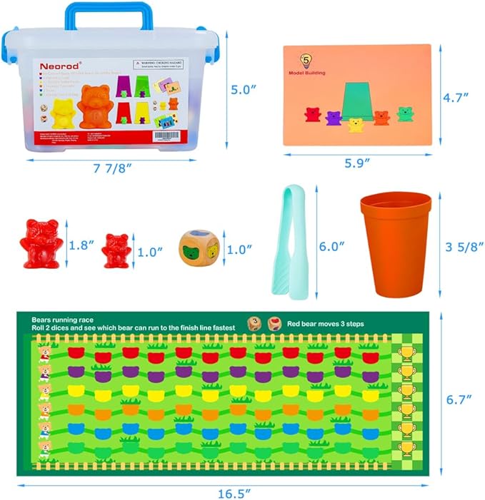 NEOROD Rainbow Counting Bears with Matching Sorting Cups, Number Color Recognition STEM Educational Toddler Preschool Math Manipulatives Toy Set of 90, 2 Tweezers, 2 Dices, 12 Cards, Container