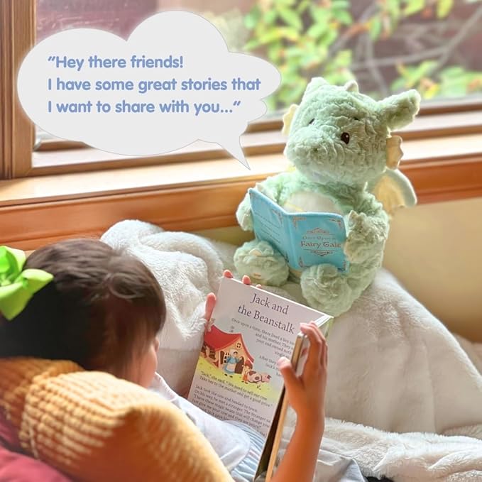 Cuddle Barn - Read-with-Me Dustin | Soft Storytelling Plush with Board Book | Fluffy Green Dragon Stuffed Animal Sways and Moves Mouth | Reads 3 Fairy Tales with Pause and Skip Buttons - 12 inches
