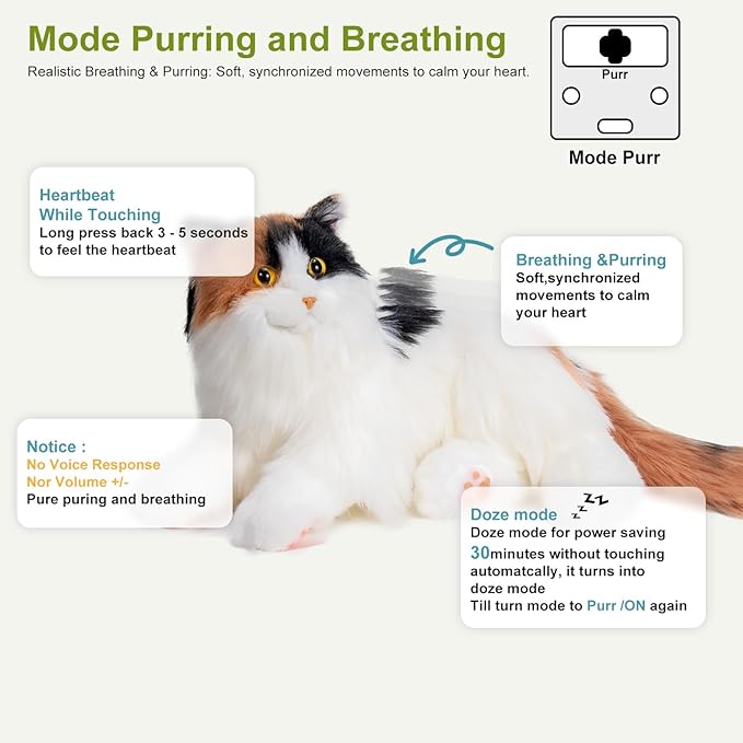 Chongker Interactive Companion Robot Cat, Weighted Breathing Stuffed Animals, Cat Plush Toy with Meow Voice, Breathing, Response, Realistic Heartbeat and Purring (Dark Calico Cat)