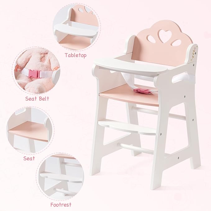 ROBOTIME Baby Doll High Chair, Pretend Play High Chair with Safety Belt and Footrest, Wooden Baby Doll Accessories, Doll Furniture Fits 18-20 Inch Dolls, Gift for Ages 3+ (White)