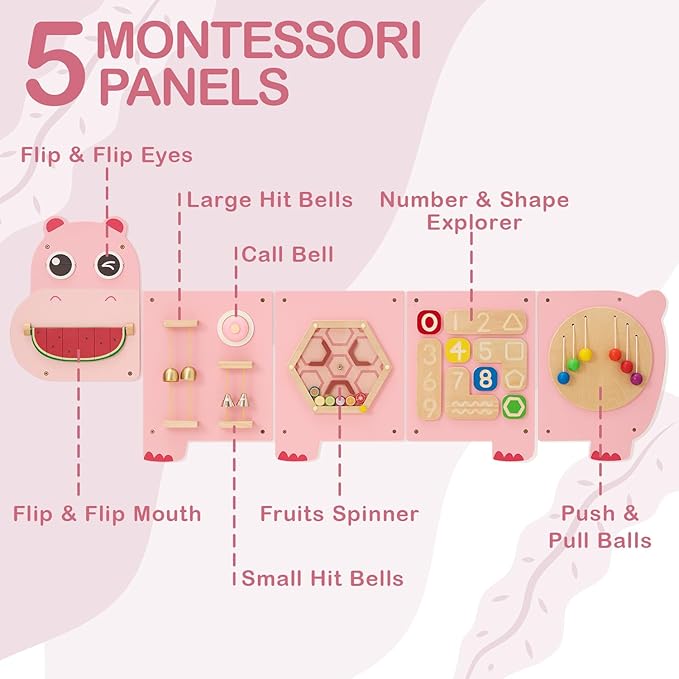 Monläurd® Hippo Montessori Busy Board, Sensory Board, Educational Toys, Sensory Wall Panel, Wall Toys, Daycare Furniture, Playroom Furniture, Learning Toys, Boys and Girls 6 M+