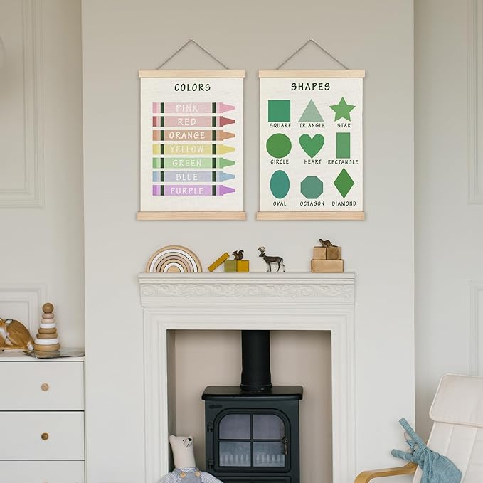 Supwhd Shapes Colors Posters for Classroom Wall, Shapes Colors Learning Poster Hanger Frame Wall Decor for Classroom Nursery Kids Room Playroom Preschool Decor, 12x16 Set of 2（Green）
