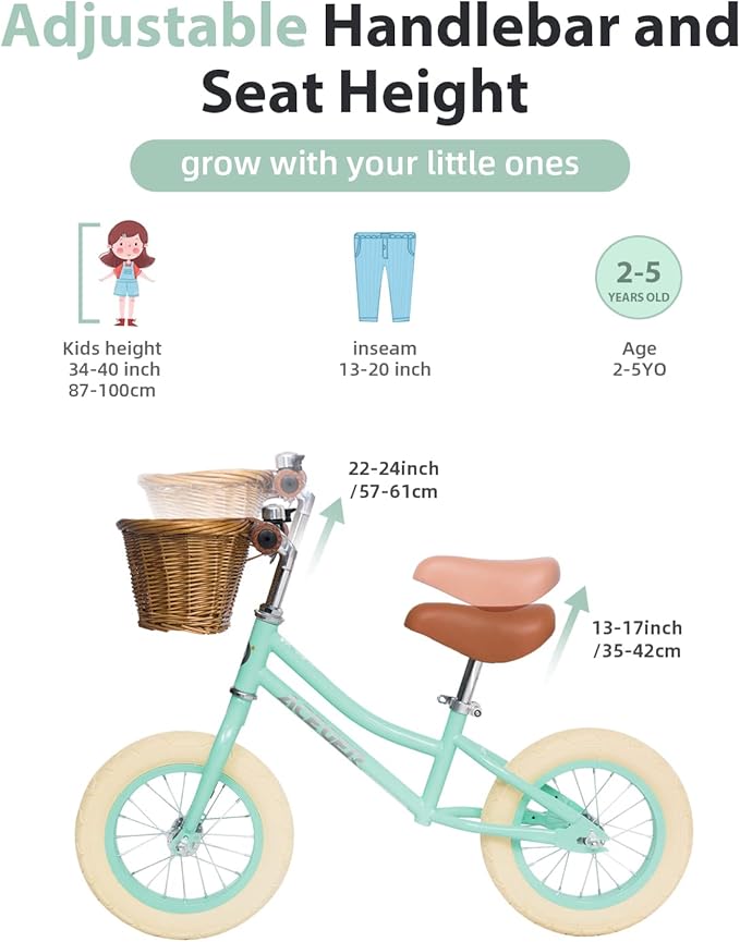 ACEGER 12" Kids Balance Bike with Basket, Toddler Bicycle for Early Learning Leg Strength and Steady Balancing, Durable Frame&Tool-Free Adjustable Seat, Gift Bike for 2-5 Kids, No Brake