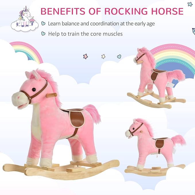 Qaba Rocking Horse Plush Animal on Wooden Rockers, Baby Rocking Chair with Sounds, Moving Mouth, Wagging Tail, Pink
