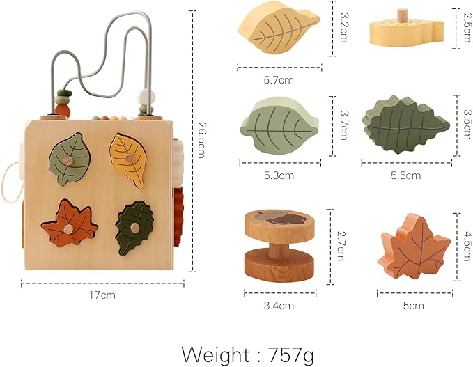 ibwaae 5 in 1 Wooden Activity Cube Play Center Bead Maze Leaves Shape Sorter Learning Montessori Toys for Toddlers 1-3 Early Educational Developmental Learning Toys for Kids