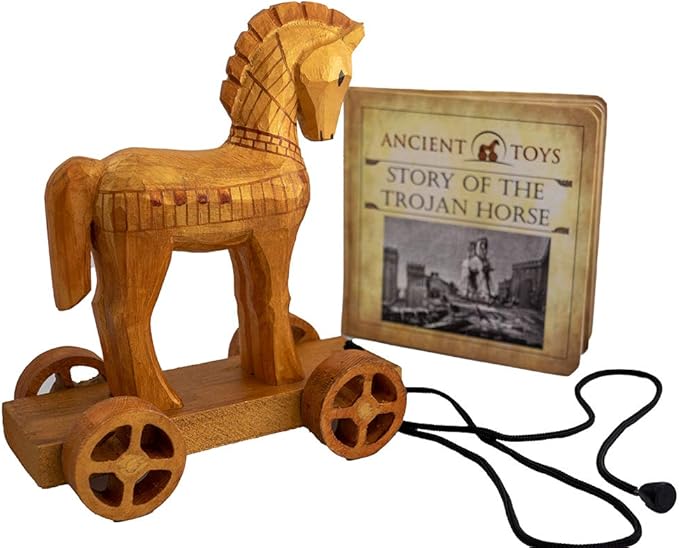 Ancient Toys - Wooden Trojan Horse Pull Toy with Hardcover Book! Teach Children About History Through Interactive Play