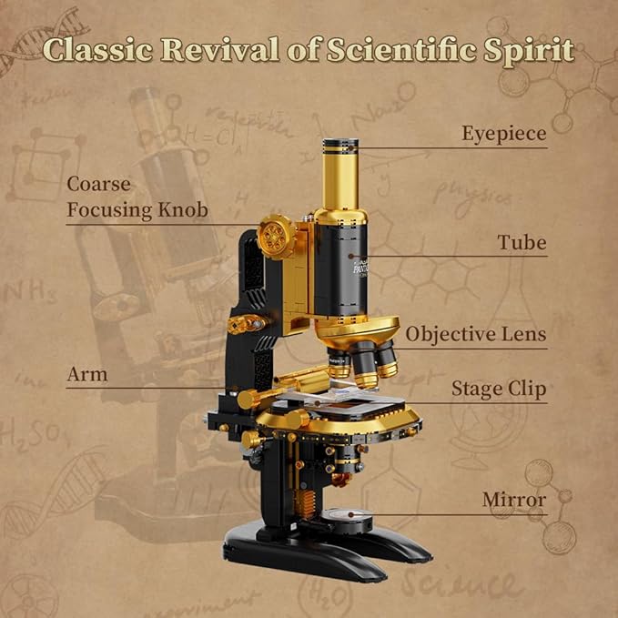 PANTASY Retro Microscope Building Kit for Adults, Antique Science Instrument Model with Mechanical Design, Brass Finish & Lab Accessories, Collectible Display Brick Set
