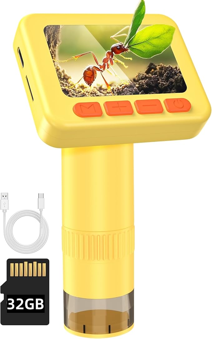 IMICHI Microscope for Kids 50X-1000X 2 inch IPS HD Screen, 32GB Storage Card, 1080P Video, 2-Hour Battery Life, Easy Carry, Slides Included - Perfect Science Kit Gift for Kids Ages 8-12 Yellow