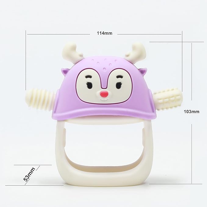 Smily Mia Never Drop Reindeer Silicone Baby Chewing Toy for 3M+ Infants, Easy to Hold Teething Miteen with Soft Textures for Sensory Exploration and Teething Pain Relief-Purple