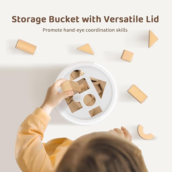 Pidoko Kids 100pcs Natural Beech Wood Building Blocks for Toddlers 1-3, Wooden Blocks with Storage Bucket and Shape Sorter Lid Montessori Toys for 1 2 3 Year Old Boys and Girls, Preschool Learning