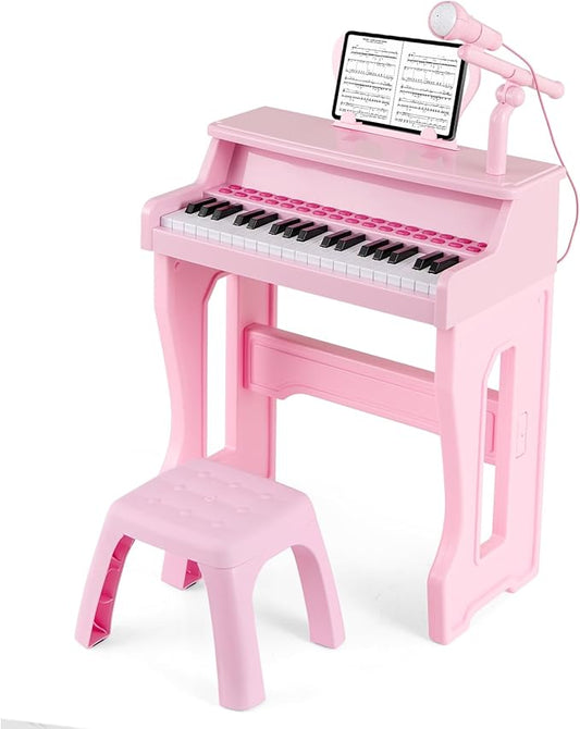 HONEY JOY Kids Piano, 37-Key Kids Keyboard Piano w/ Music Stand & Bench, Gift for Babies w/ Microphone, Portable Electronic Educational Musical Instrument, for Girls Boys (Pink)