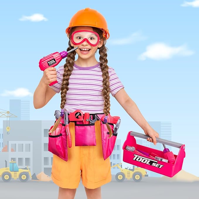 LOYO Kids Tool Set - Toddler Tool Set with Kid Tool Belt Tool Box & Electronic Toy Drill, Kids Construction Toys for Girls Boys Gift for Toddlers Girls Ages 3, 4, 5, 6, 7 Years Old