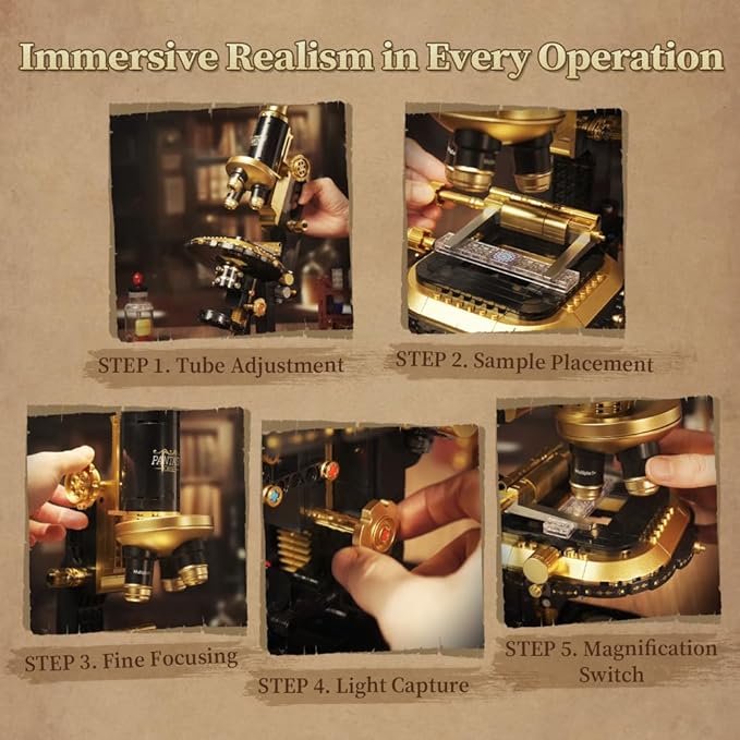 PANTASY Retro Microscope Building Kit for Adults, Antique Science Instrument Model with Mechanical Design, Brass Finish & Lab Accessories, Collectible Display Brick Set