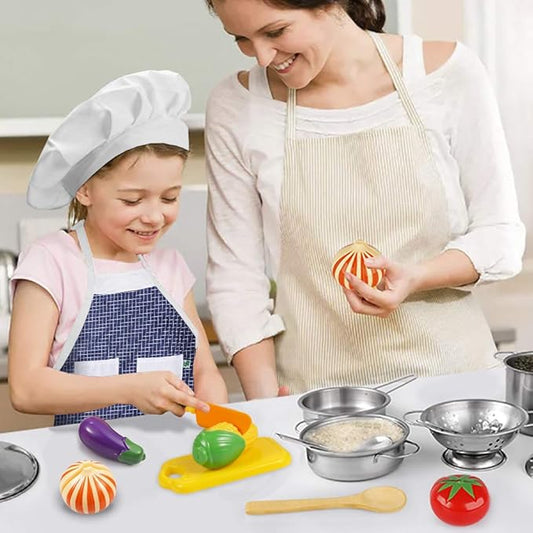 Play Kitchen Accessories, Kids Kitchen Pretend Play Toys, Kitchen Set with Stainless Steel Cooking Utensils Cookware Pots and Pans Set Healthy Vegetables, Knife, Apron, Little Chef Boys Girls
