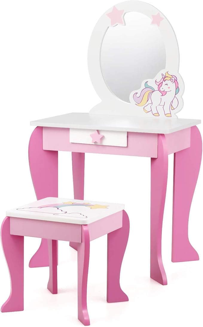 HONEY JOY Unicorn Kids Vanity, Toddler Makeup Table with Mirror and Stool, Wooden Pretend Play Vanity for Little Girls, Detachable Mirror and Storage Drawer, Kids Vanity Table and Chair Set (Pink)