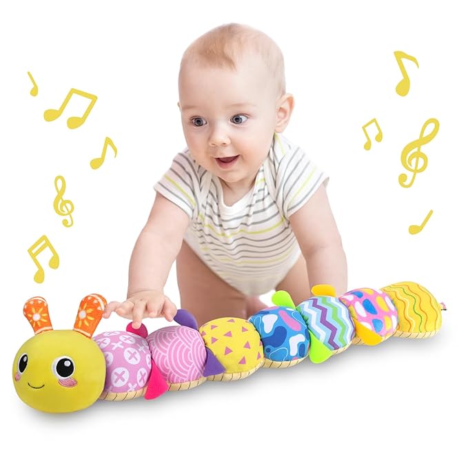 KMUYSL Baby Toys 0-12 Months, Musical Animal Stuffed Toy with Crinkle, Rattles & Lullaby, Plush Toy for Infant Newborn, Yellow Fabric Cotton