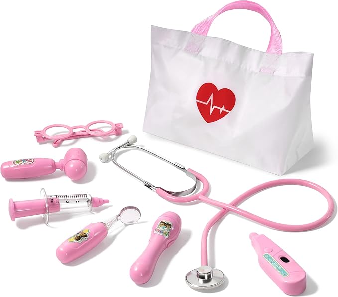 Kids Doctor Kit, 8 Pieces Toddlers Doctor Playset with Medical Storage Bag & Real Stethoscope, Pretend Play Doctor Toys Christmas Birthday Gift for Boys Girls Aged 3 4 5 6 (Pink)